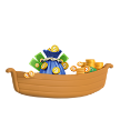 Wooden boat carrying a money bag and stacks of coins.