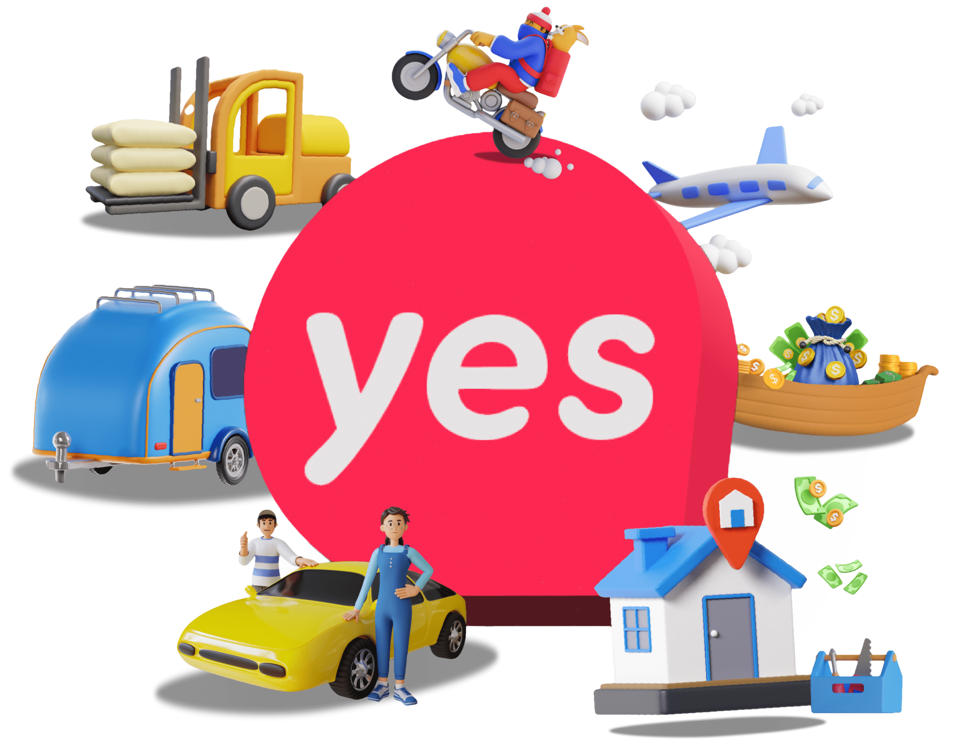 Vehicles, a house, money, and people surrounding the Yes Loans logo in the center.